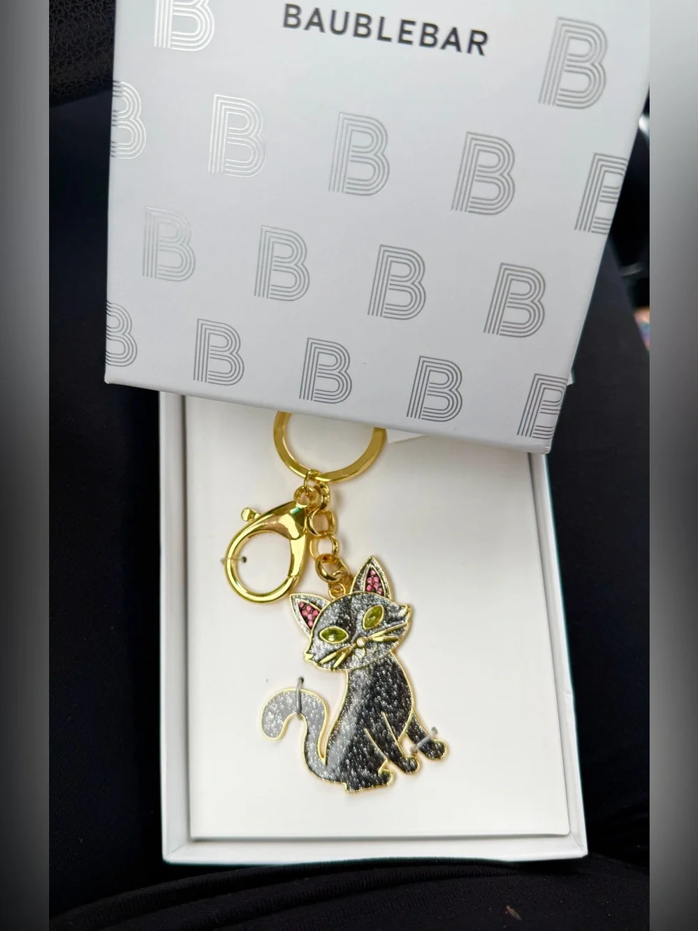 NEW BAUBLEBAR Black Glitter Cat Bag Charm/Keyring with Gold Hardware.